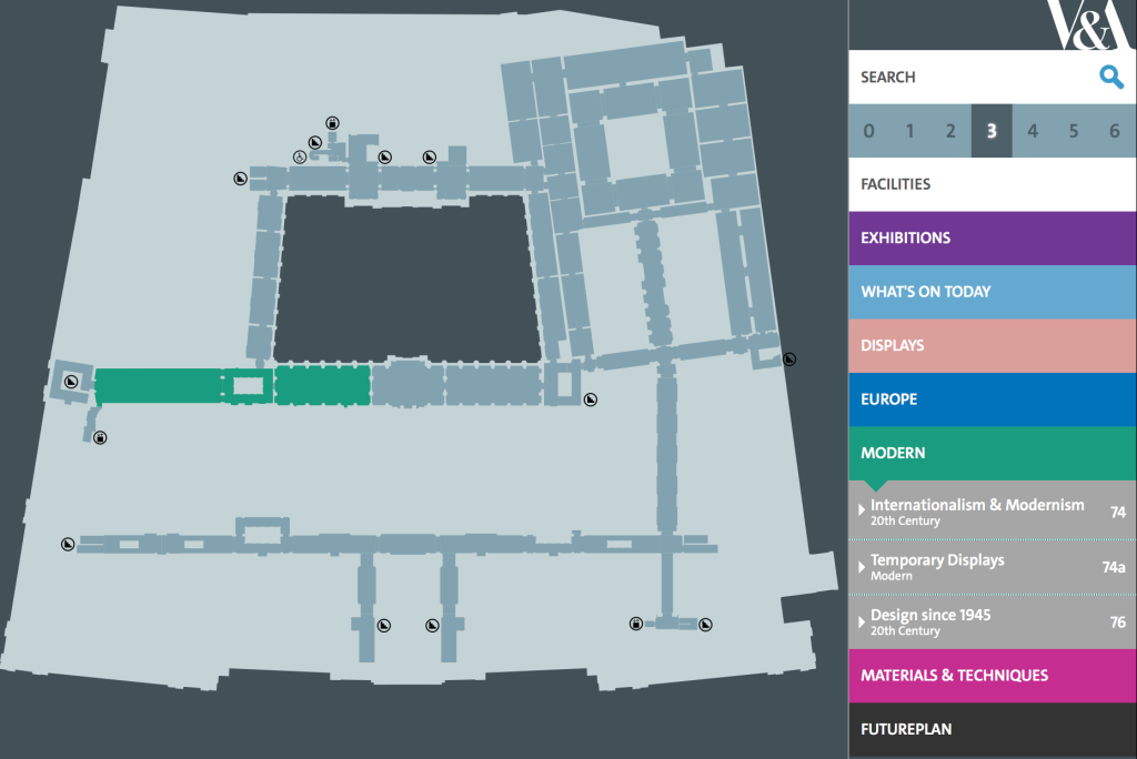 Screen Shot from the V&A website of the online, digital map, showing the Modern galleries on Level 3