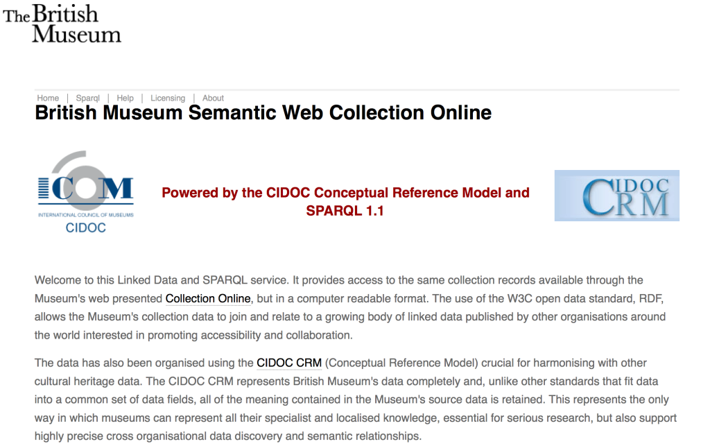 Screen Shot of the British Museum’s webpage to another version of the online collection, as “Linked Open Semantic Data”.