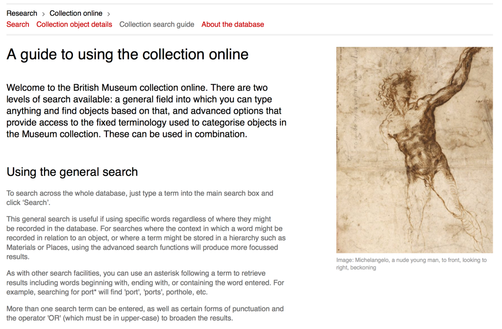 Screen Shot explaining how to search the British Museum’s online collections; although typical of a public-facing graphic user interface it does give extra-useful tips on how to search