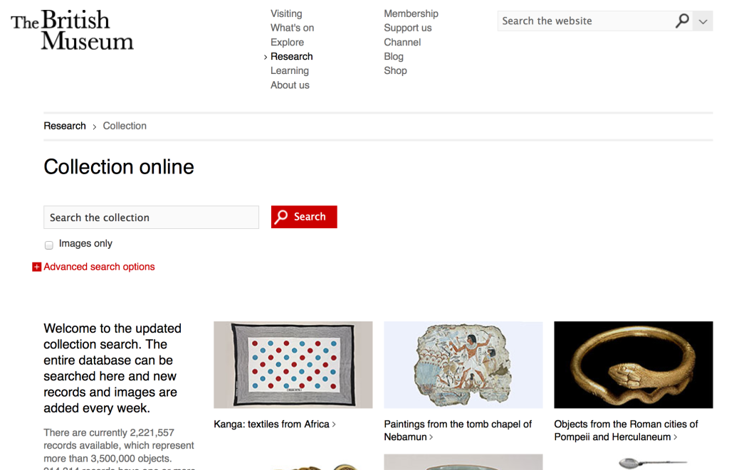 Screen Shot, webpage/interface between the public and the British Museum’s online collection