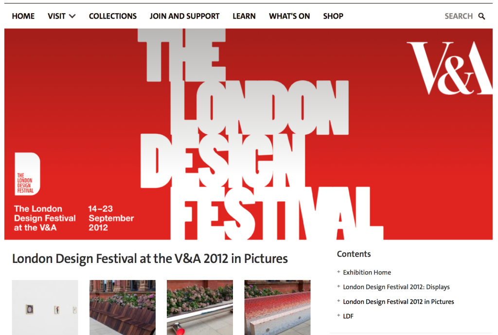 Screen Shot from V&A’s website found by Googling “LDF V&A 2012”; this page archives displays and photos from that year’s design festival.