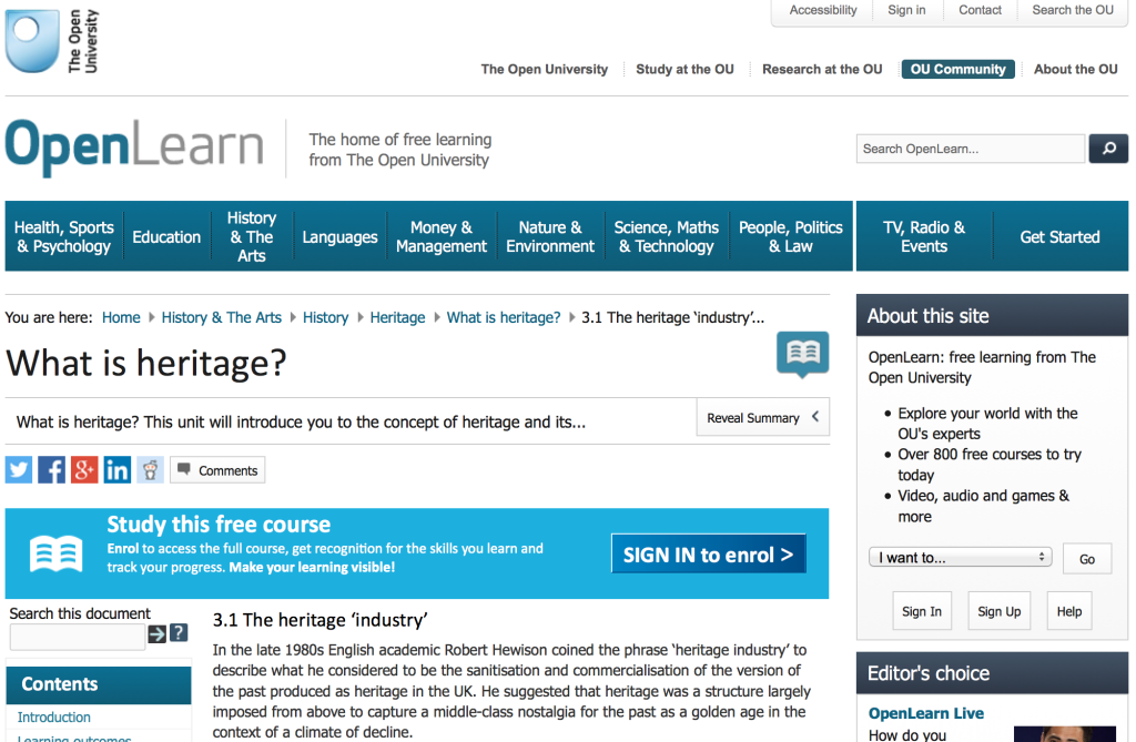 Screen Shot of Open University webpage mentioning Robert Hewison and heritage.