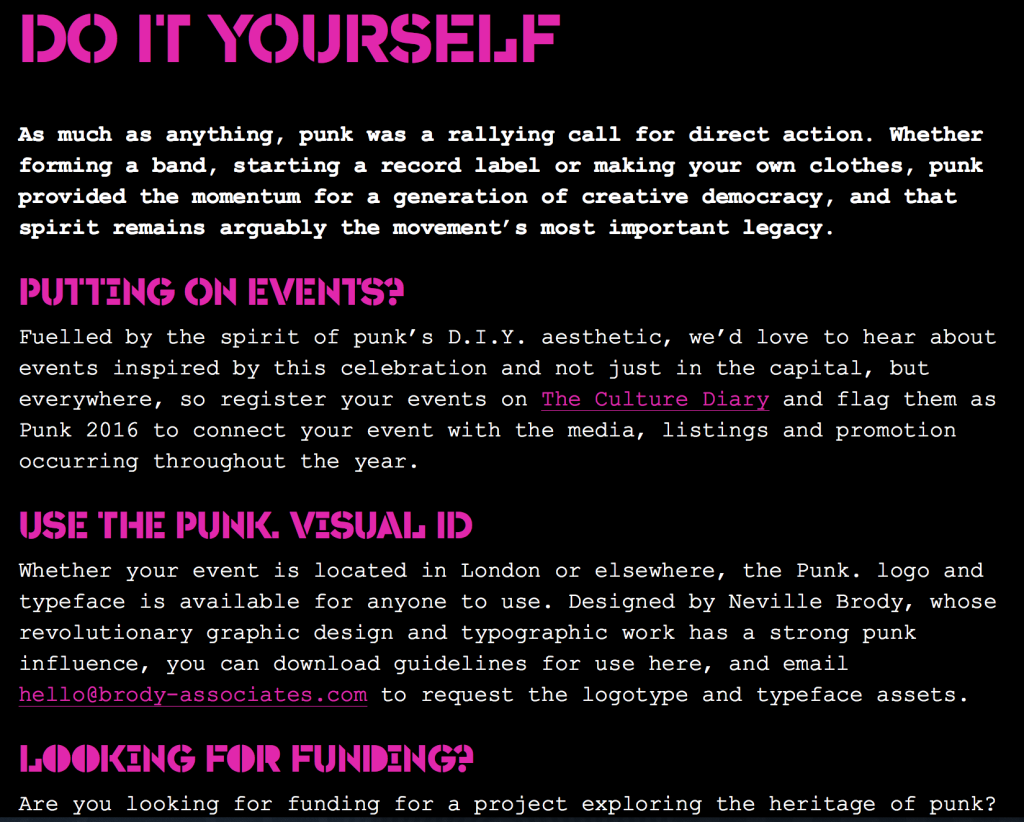 Screen Shot from Punk.London website, designed by Brody Associates, inviting D-I-Y participation in a city-wide cultural event