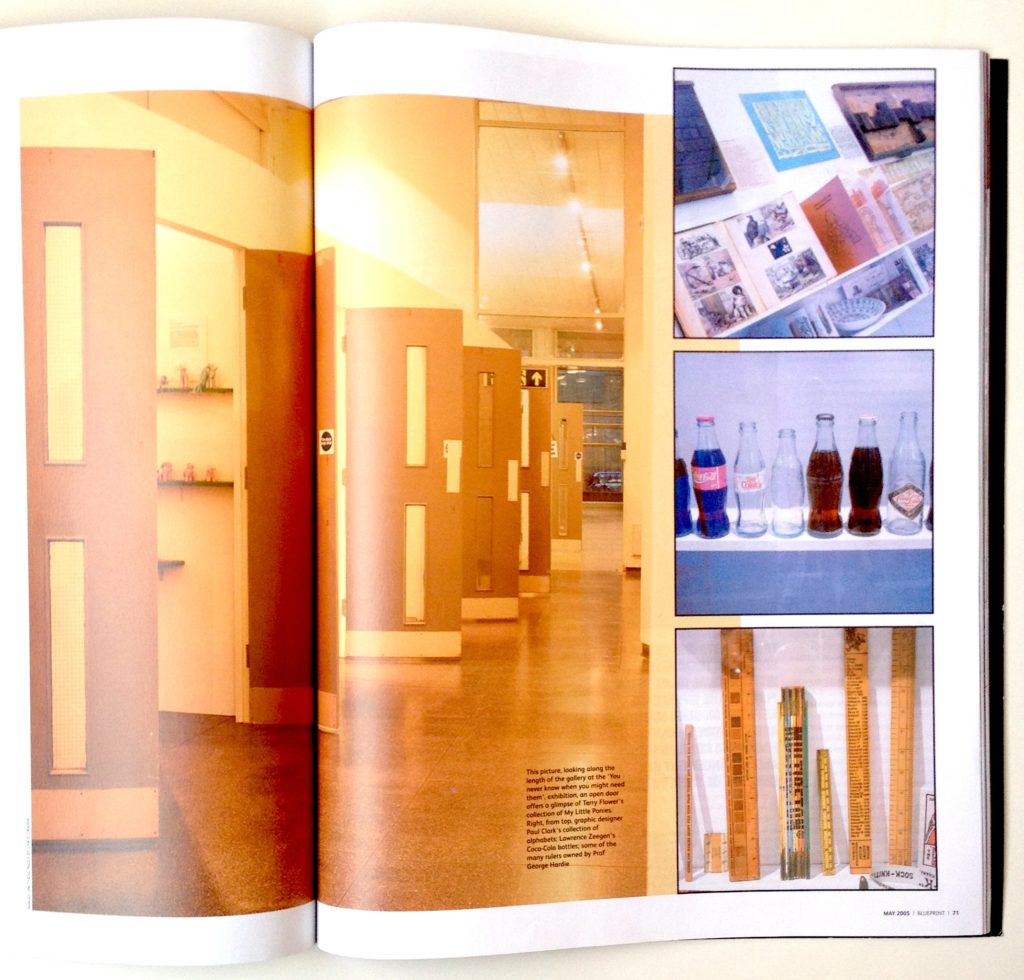 Spread from ‘Blueprint’ showing University of Brighton Gallery and exhibition design featuring salvaged fire doors